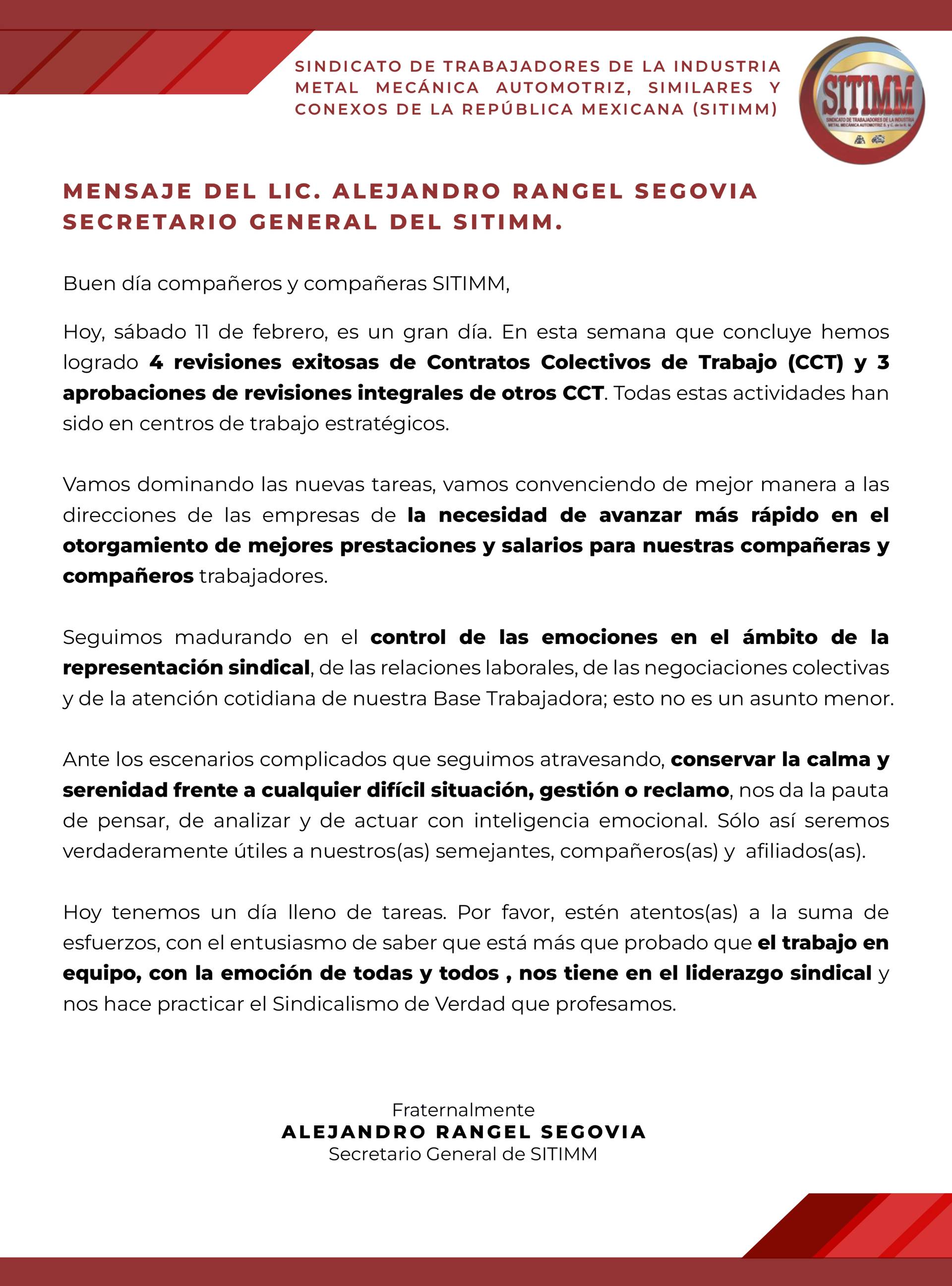 Mensaje del Lic. Alejandro Rangel Segovia, Secretario General del SITIMM